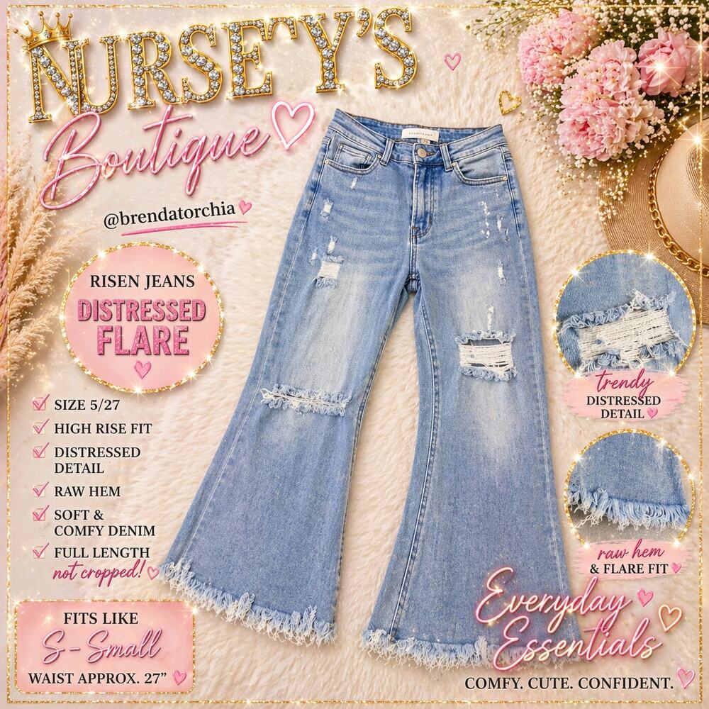 Risen Distressed Flare Jeans Raw Hem Light Wash Size 5/27
